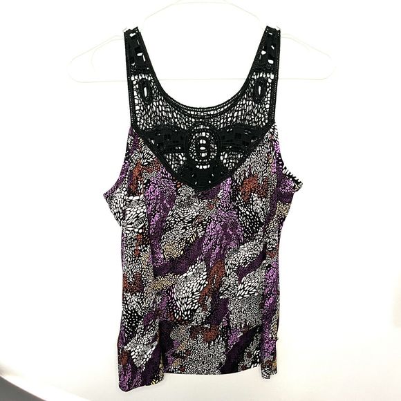 Speechless Womens Tank Top Sleeveless Crochet Purple Black Boho Print Large VGC - Picture 7 of 9